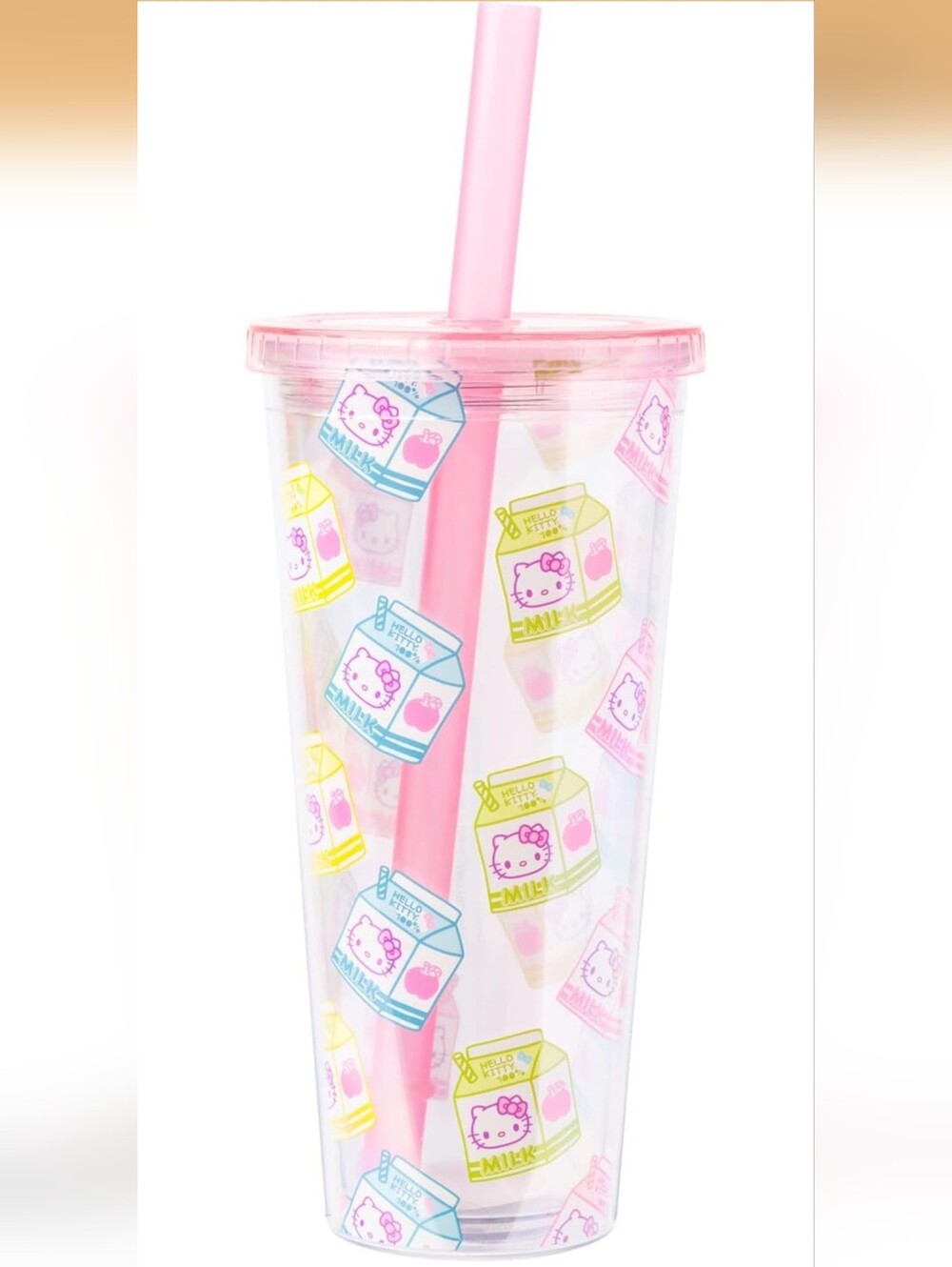 Hello Kitty Silver Buffalo 24oz Boba Tumbler Milk Carton Pattern Pink Lid Straw